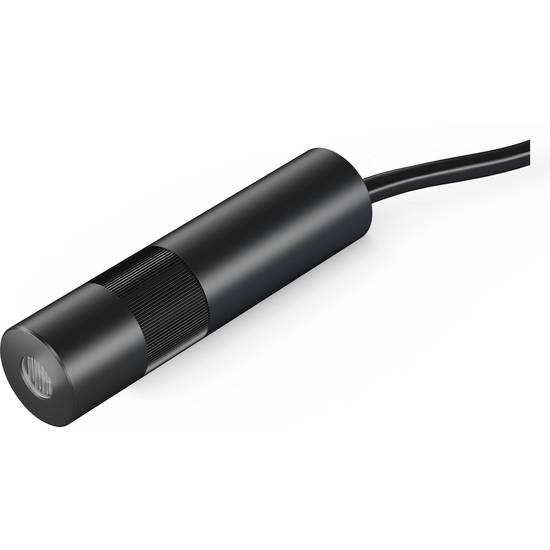 Ein zylindrischer, schwarzer Sensorkörper mit einem Kabel, geeignet für präzise optische Messungen in industriellen Anwendungen.