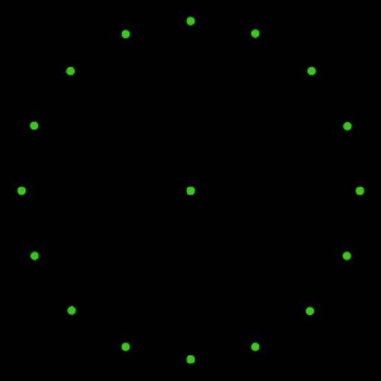 Ein grünes, regelmäßiges Polygon aus 17 gleichmäßig verteilten Punkten auf schwarzem Hintergrund, das ein kreisförmiges Muster bildet.