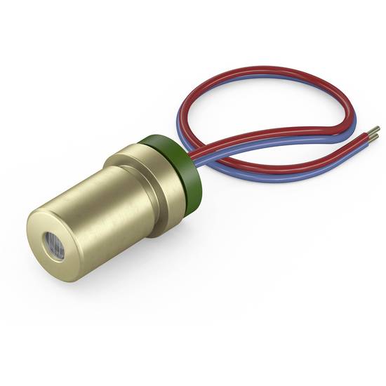 Ein metallischer Zylinder mit grünem Ring und zwei angeschlossenen Drähten in Rot und Blau.