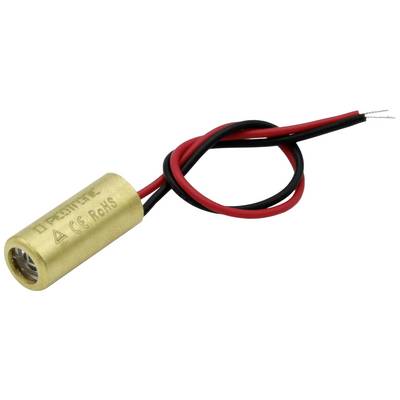 Ein kleiner Messing-Laser mit roten und schwarzen Kabeln, geeignet für elektronische Projekte oder als Pointer.