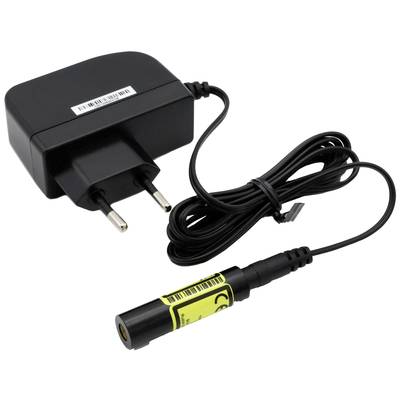 Ein schwarzes Netzteil mit EU-Stecker und abnehmbarem Kabel. Das Kabel ist eingerollt und der Anschlussstecker ist an einem kleinen gelben Gerät angebracht.