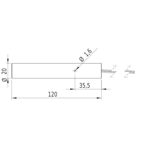 Abbildung eines zylindrischen Objekts mit 20 mm Durchmesser, 120 mm Länge. Maße und Details sind beschriftet, zeigt technische Spezifikationen.