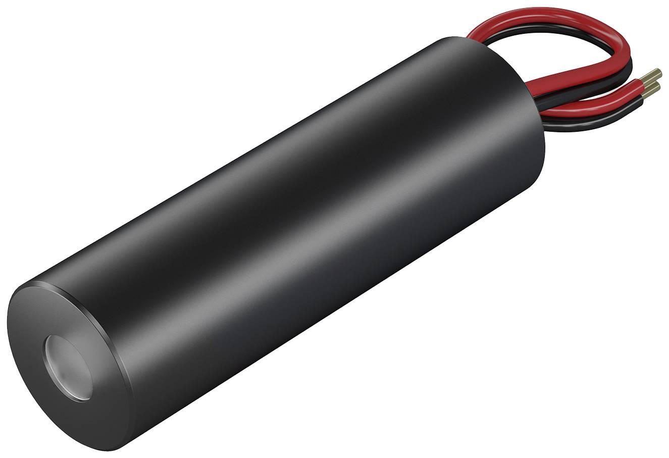 Länglicher schwarzer Kondensator mit zwei herausragenden roten und schwarzen Kabeln an einem Ende.