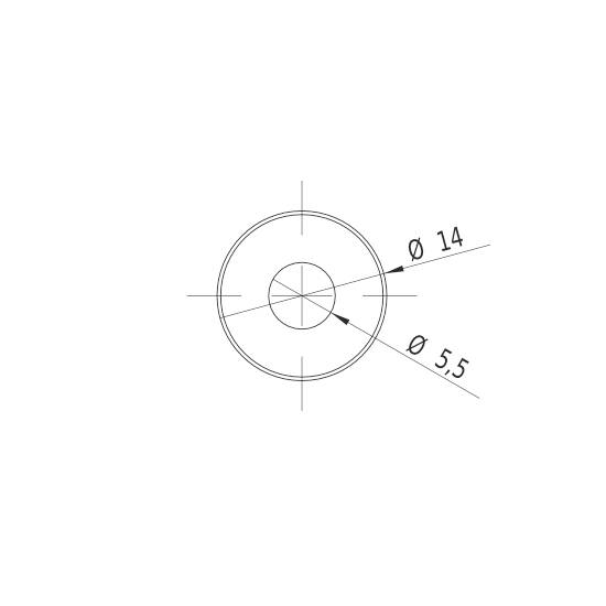 Technische Zeichnung: Zwei konzentrische Kreise mit Durchmessern 14 mm und 5,5 mm. Linien zeigen auf die Durchmesserangaben.
