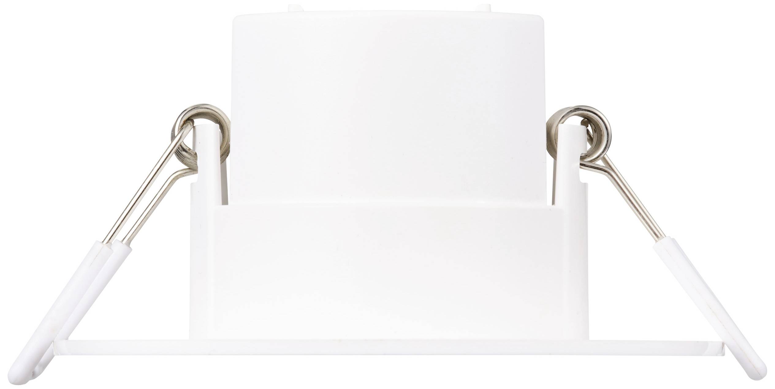 Ein weißer Leuchtensockel mit zwei federbelasteten Metallklammern an den Seiten, gedacht zur Installation in einem Deckeneinbau.