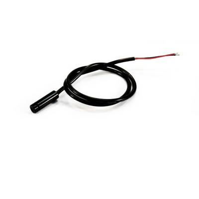 Ein schwarzes Kabel mit einer zylinderförmigen Komponente an einem Ende und abisolierten Drahtenden am anderen. Geeignet für elektrische Anwendungen.
