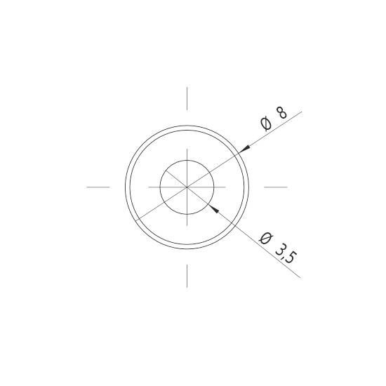 Technische Zeichnung eines Kreises mit zwei Durchmessern: Außen Ø 8, innen Ø 3,5. Zeigt Bemaßungslinien und Kreuzmittelpunkt.