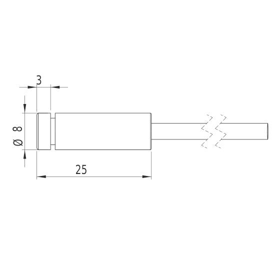 Technische Zeichnung eines zylindrischen Bauteils mit den Maßen: Länge 25 mm, Durchmesser 8 mm. Verbindendes Kabel rechts.
