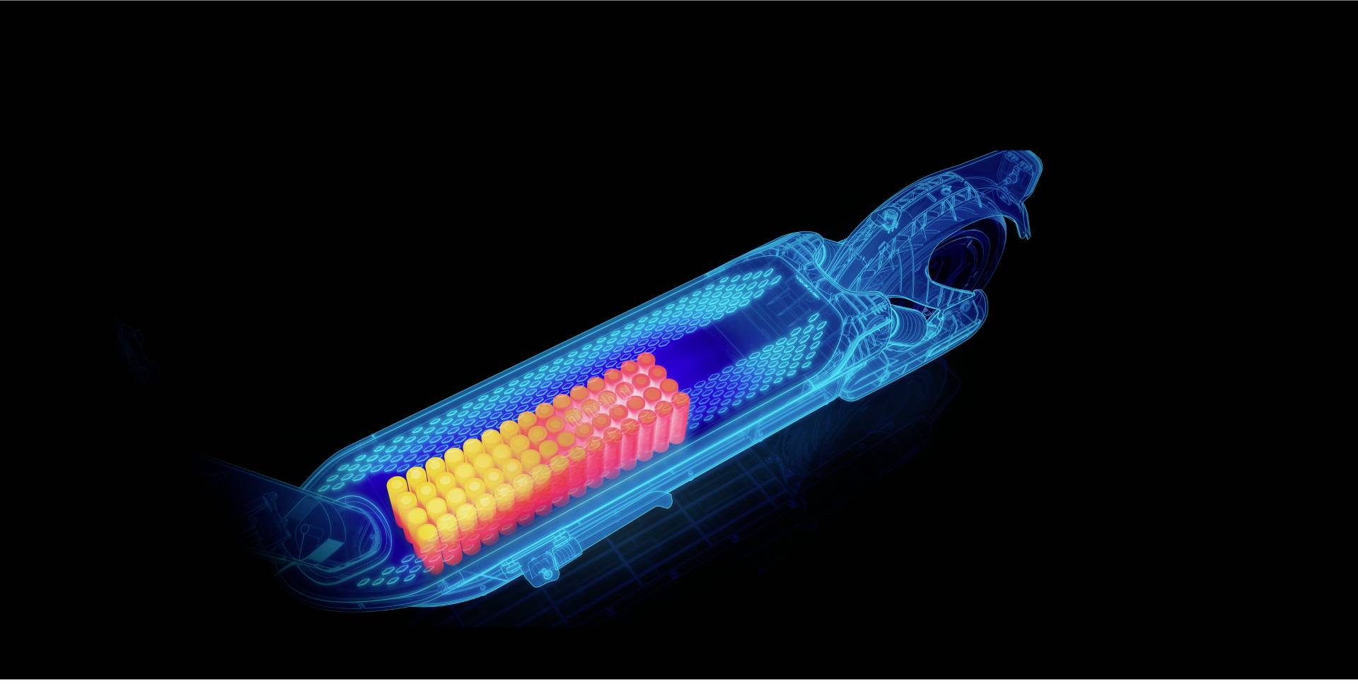 Röntgenbild eines Elektroroller-Akkus mit hervorgehobenen Zellen in Gelb und Rot, zeigt Wärmeverteilung und Energieleistung.