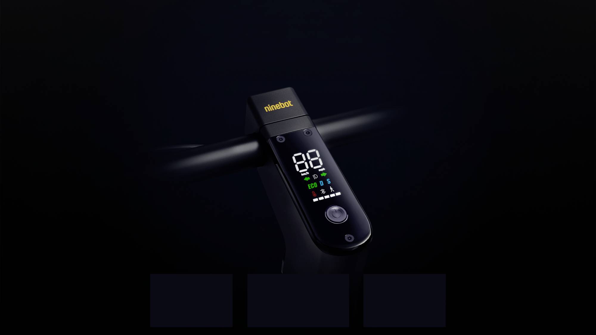 Das Bild zeigt ein E-Scooter-Display mit leuchtenden Symbolen und einer digitalen Geschwindigkeitsanzeige in der Mitte. Der Hintergrund ist dunkel.