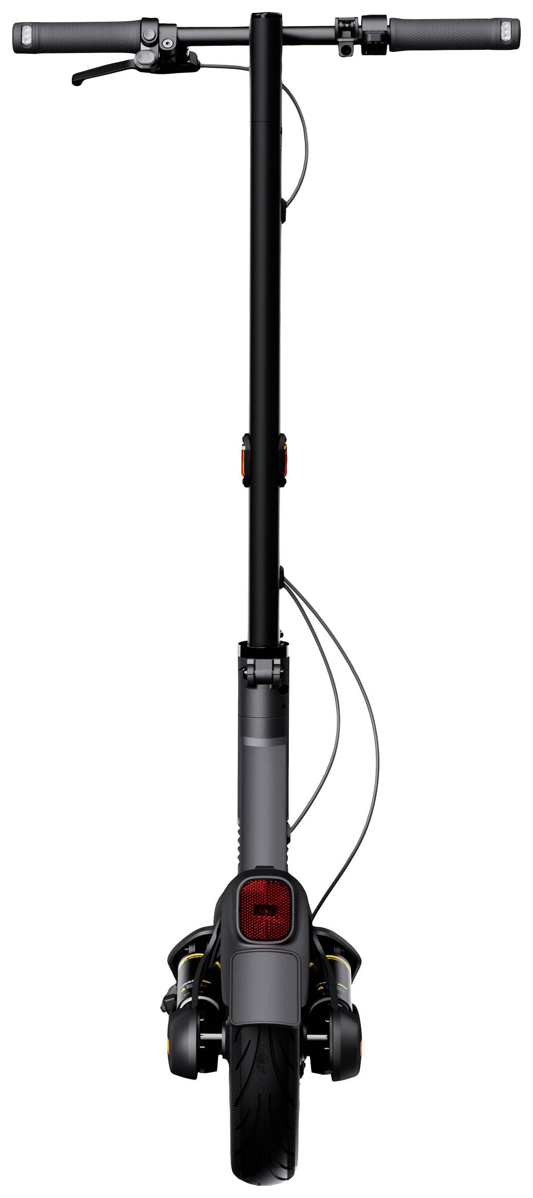 'Elektroroller von hinten, aufrecht stehend, mit dickem Vorderreifen und zwei Griffen. Seilzüge und Rücklicht sichtbar.'