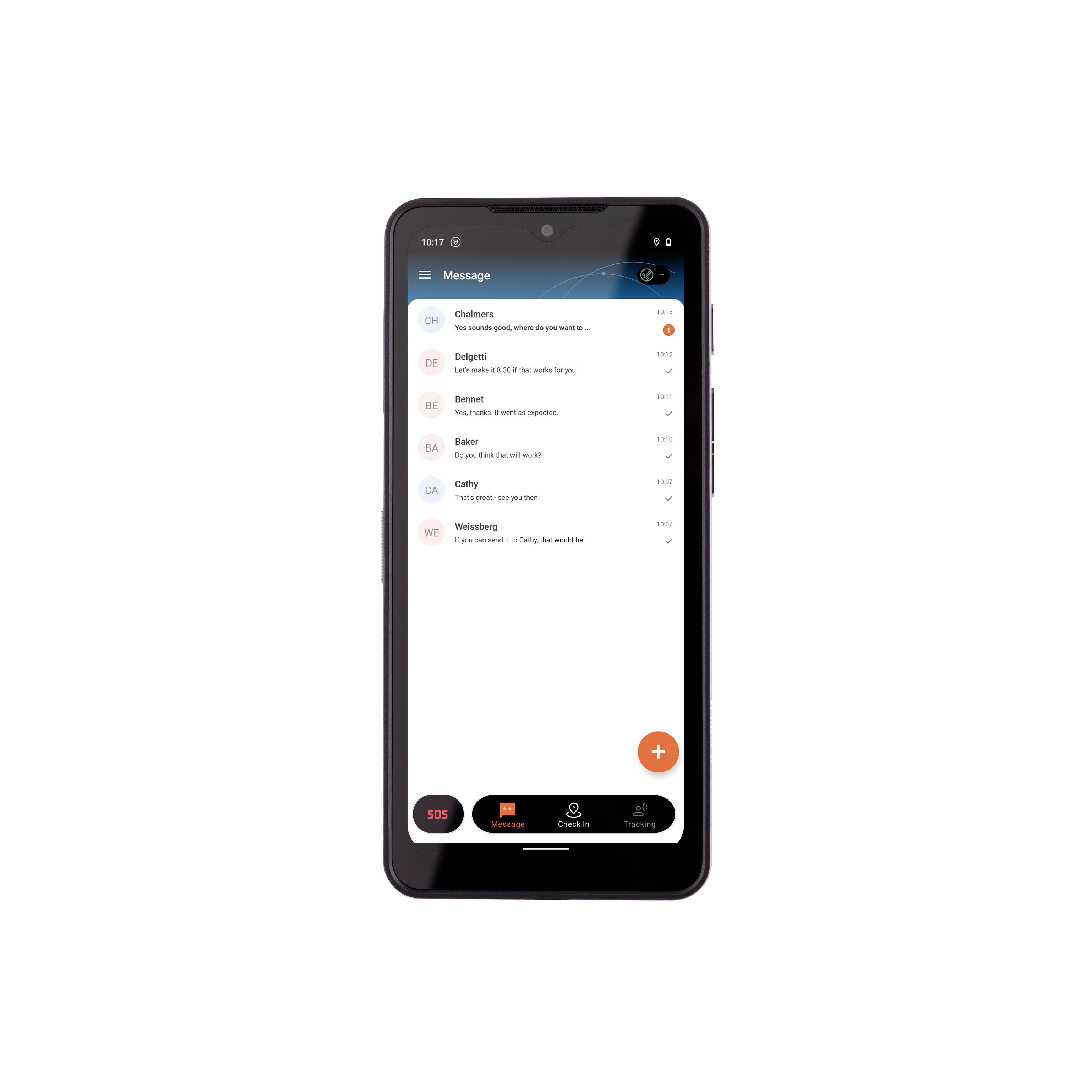 Ein Smartphone zeigt eine Nachrichtenliste mit neun Kontakten. Unten befinden sich ein 'SOS'-Knopf und ein Menü zum Hinzufügen neuer Nachrichten.