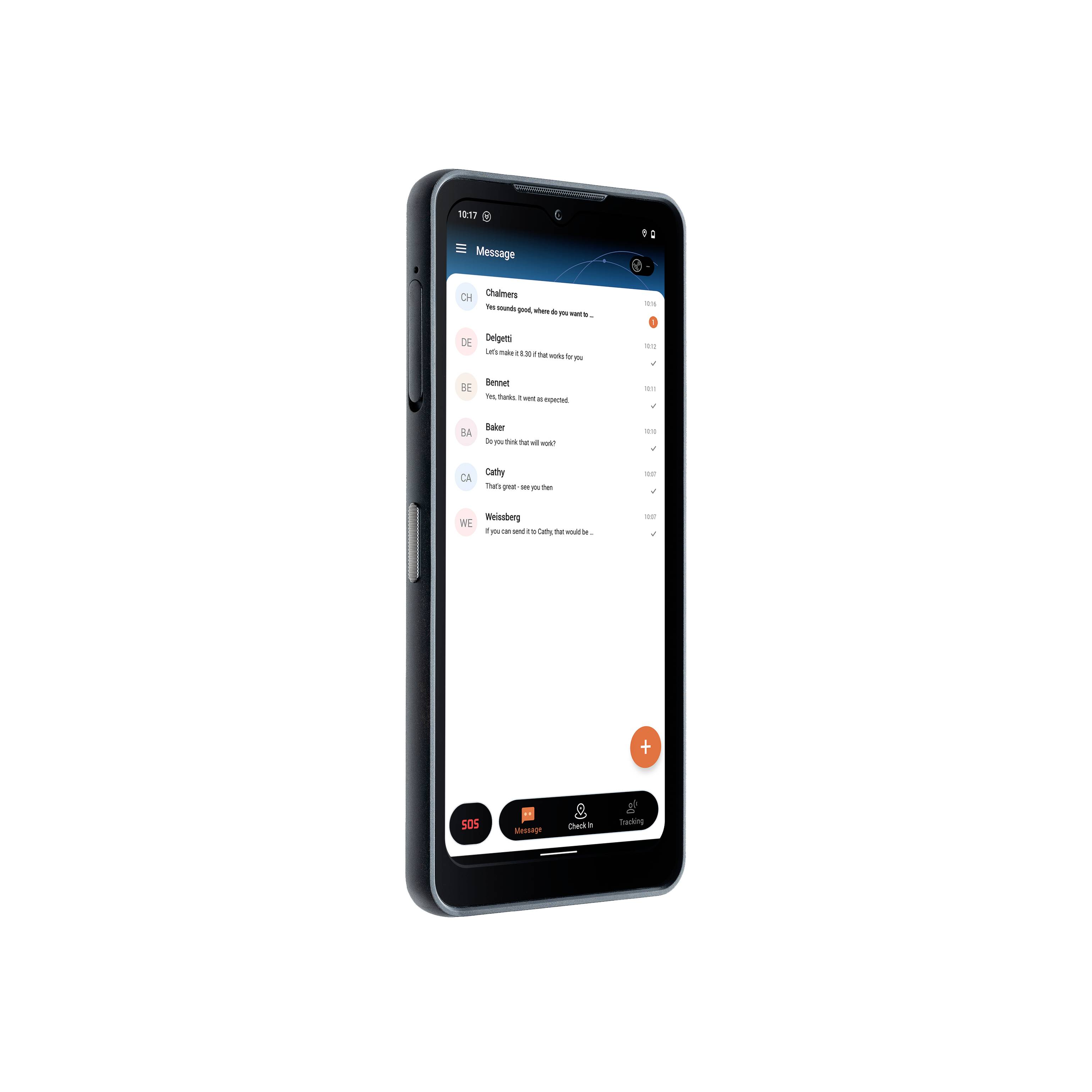 Smartphone mit geöffneter Messaging-App, zeigt eine Liste von Nachrichten und ungelesenen Mitteilungen.