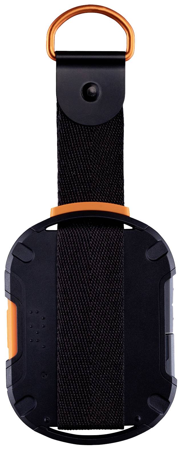 Schwarzes, ovales Gerät mit orangefarbenem Ring und schwarzem Riemen, vermutlich ein tragbares elektronisches Gerät.