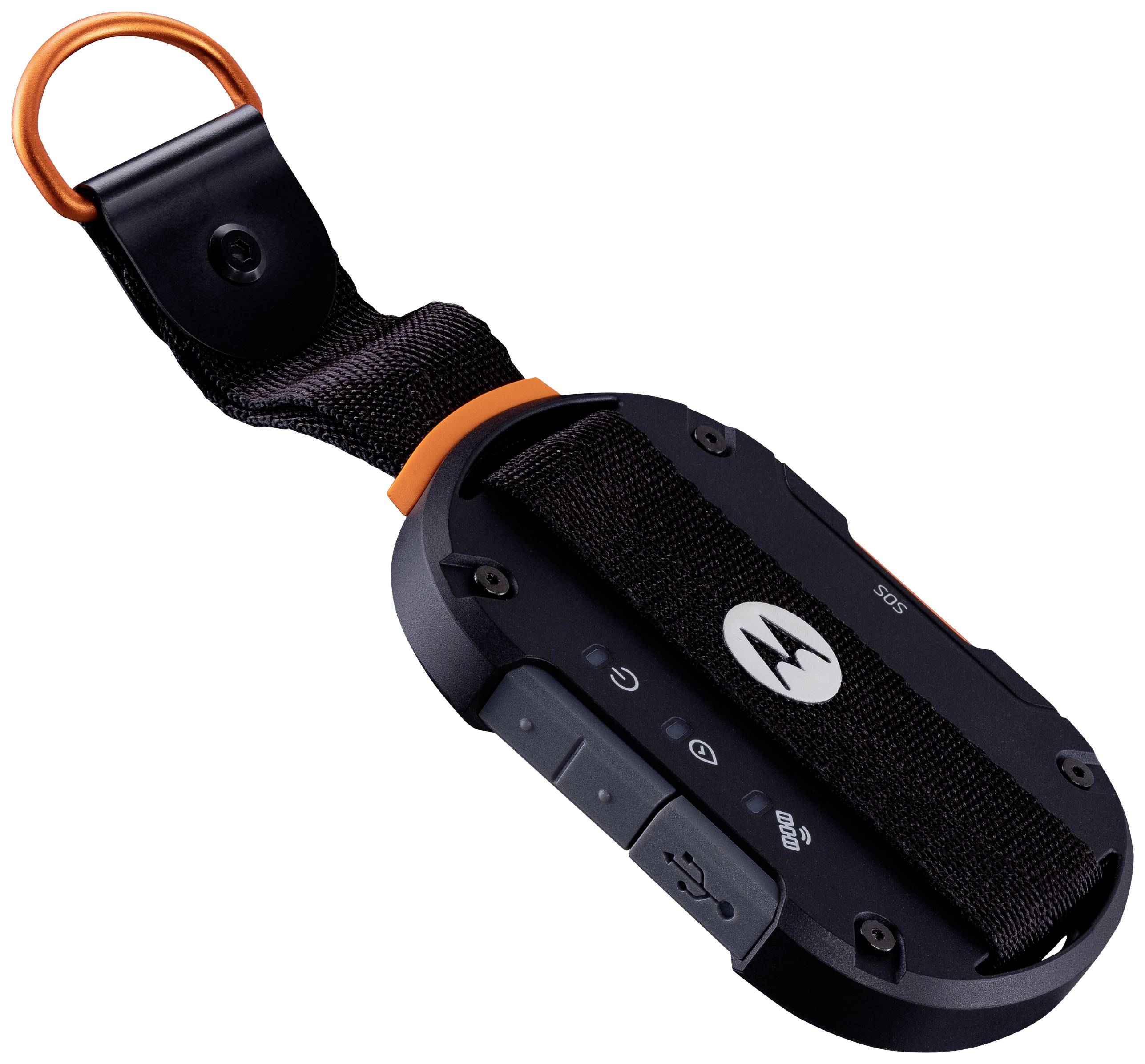 Ein handliches, ovales Gerät mit orangem Halteriemen und schwarzem Gehäuse. Vorderseite zeigt Logos und Symbole für Konnektivität.