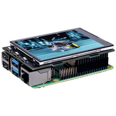 Ein Einplatinencomputer mit einem Touchscreen-Display, das ein Bild eines fahrerlosen Autos auf einer Rennstrecke zeigt.