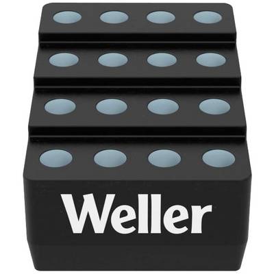 Schwarzes, treppenförmiges Objekt mit blauen vertieften Punkten und dem weißen Schriftzug 'Weller' auf der Vorderseite.