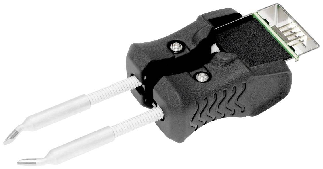 Ein schwarzer Clip mit zwei Metallspitzen und einem Flachbandkabelanschluss, geeignet zum Messen von elektronischen Bauteilen.