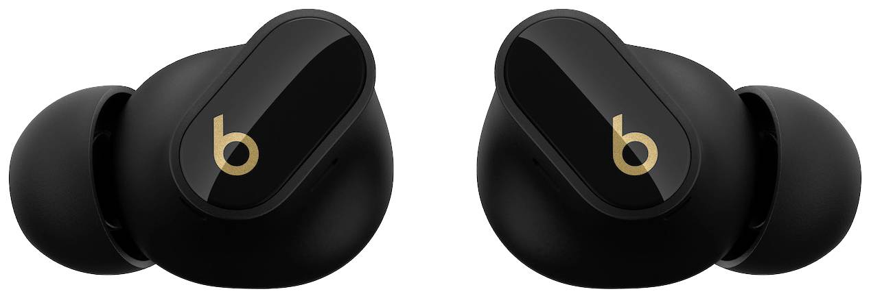 Schwarze kabellose In-Ear-Kopfhörer mit goldfarbenem Logo auf jedem Ohrstöpsel, auf weißem Hintergrund abgebildet.