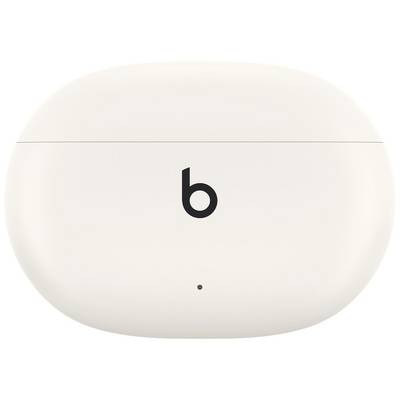 Weiße Ohrhörer-Ladehülle mit schwarzem Logo in der Mitte. Hülle ist oval geformt und minimalistisch gestaltet.