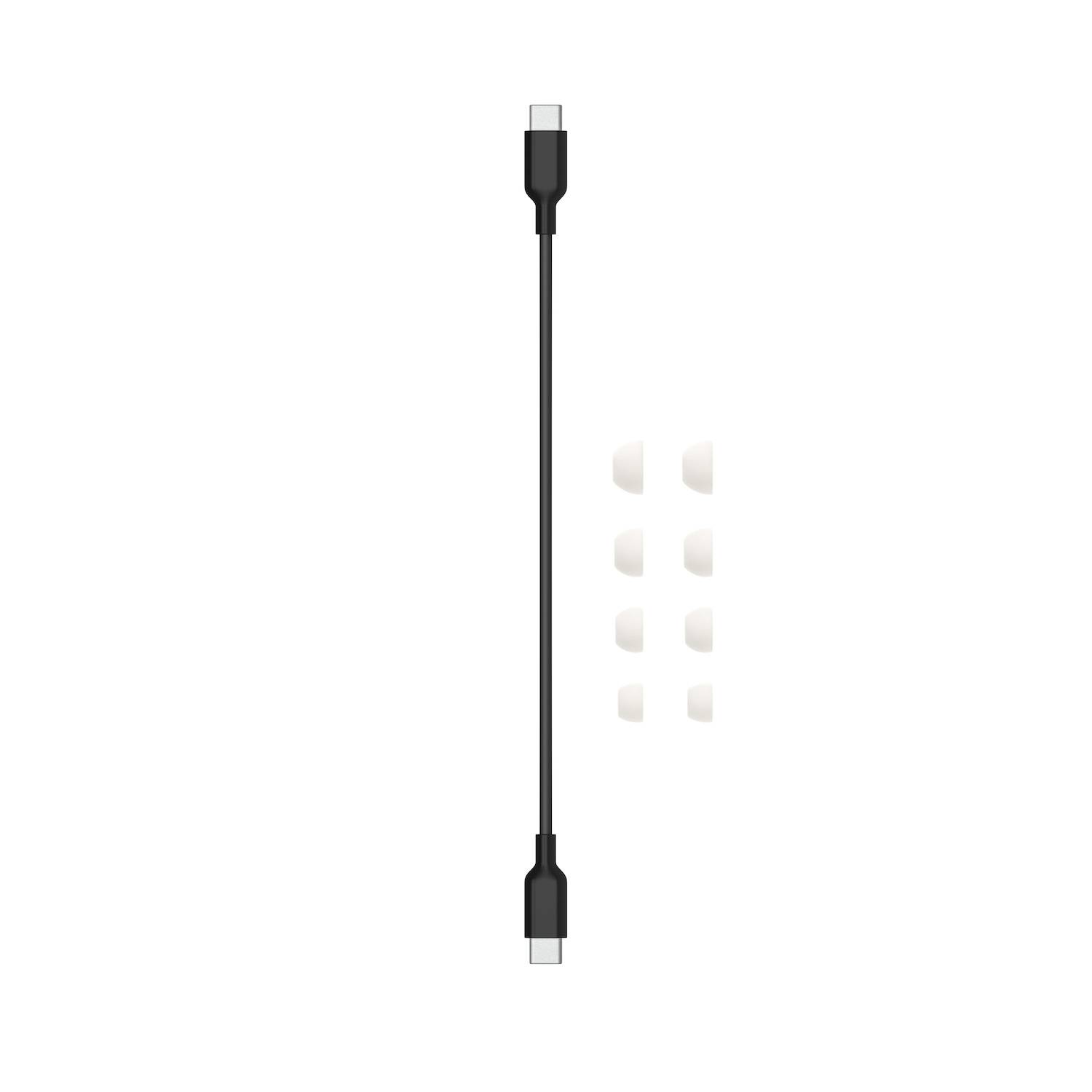 Ein schwarzes USB-C-Kabel mit acht kleinen, weißen runden Kappen daneben.