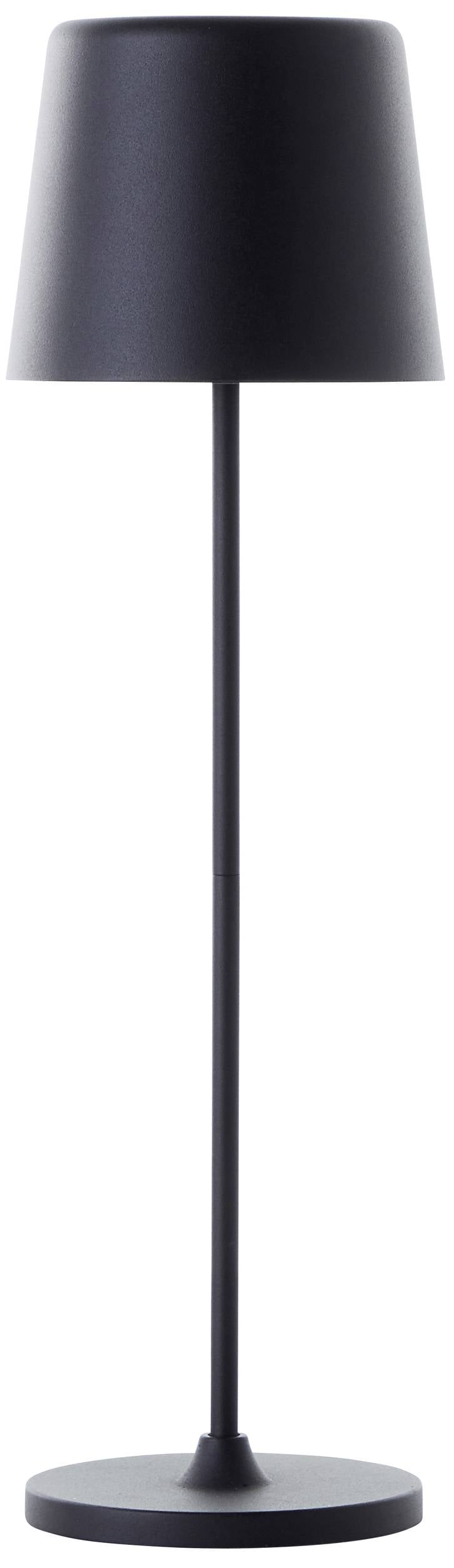 Schwarze, schlanke Stehlampe mit konischem Schirm auf rundem Fuß. Modernes Design, geeignet für Wohnzimmer oder Arbeitszimmer.
