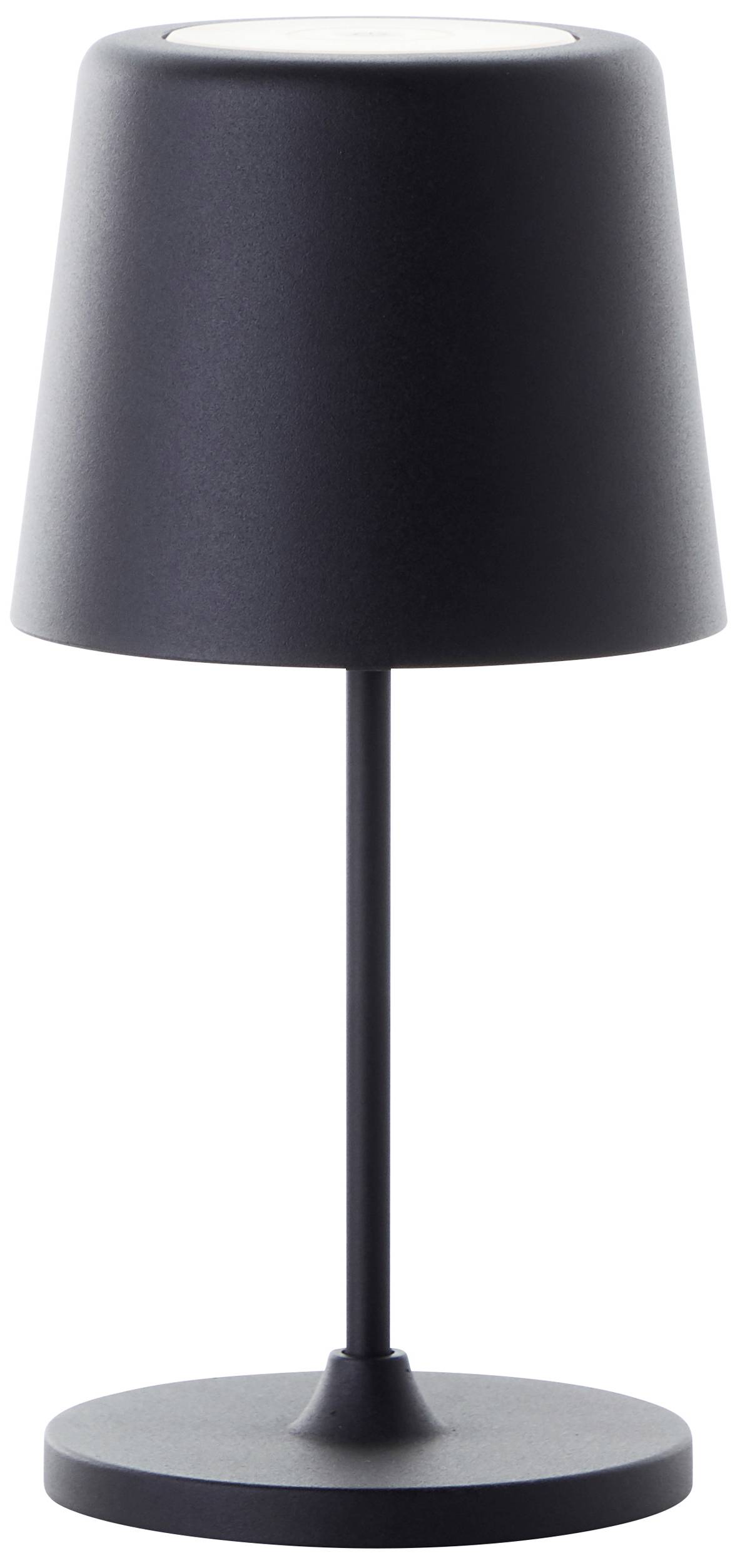 Eine schwarze, minimalistische Tischlampe mit rundem Sockel und zylindrischem Schirm, geeignet für modernes Wohndesign.