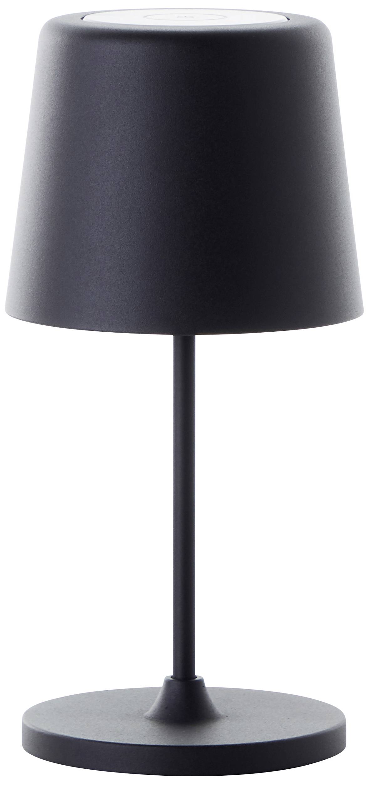 Schwarze Tischlampe mit konischem Schirm und rundem Sockel, moderne Optik.