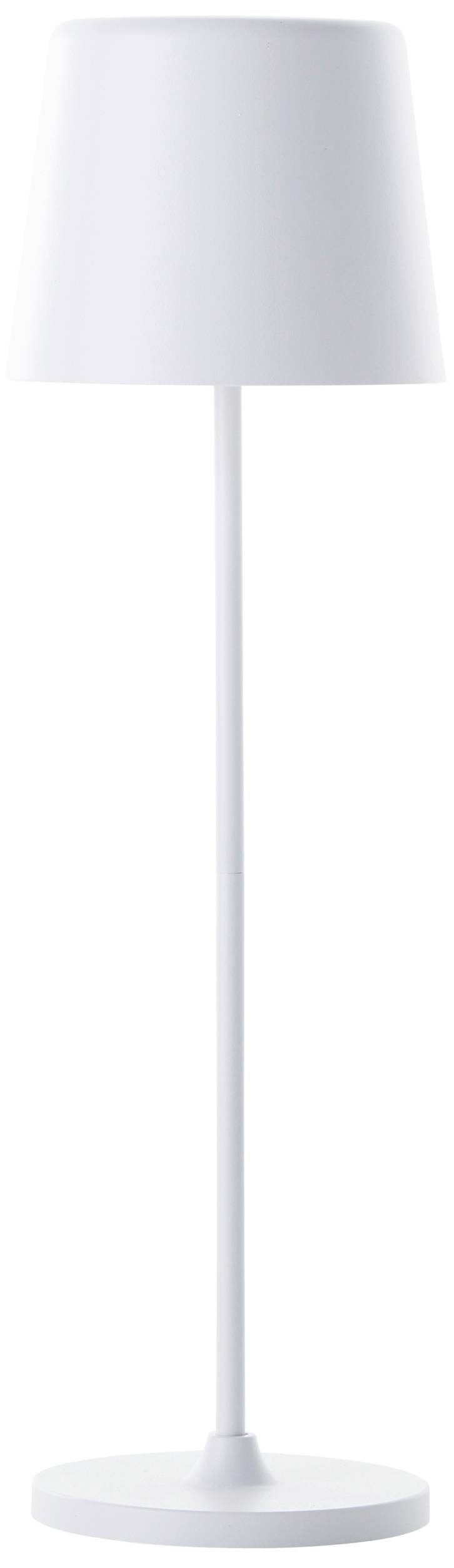 Weiße Stehlampe mit einem schlichten, modernen Design. Dünner Schaft mit rundem Sockel und zylindrischem Lampenschirm oben.