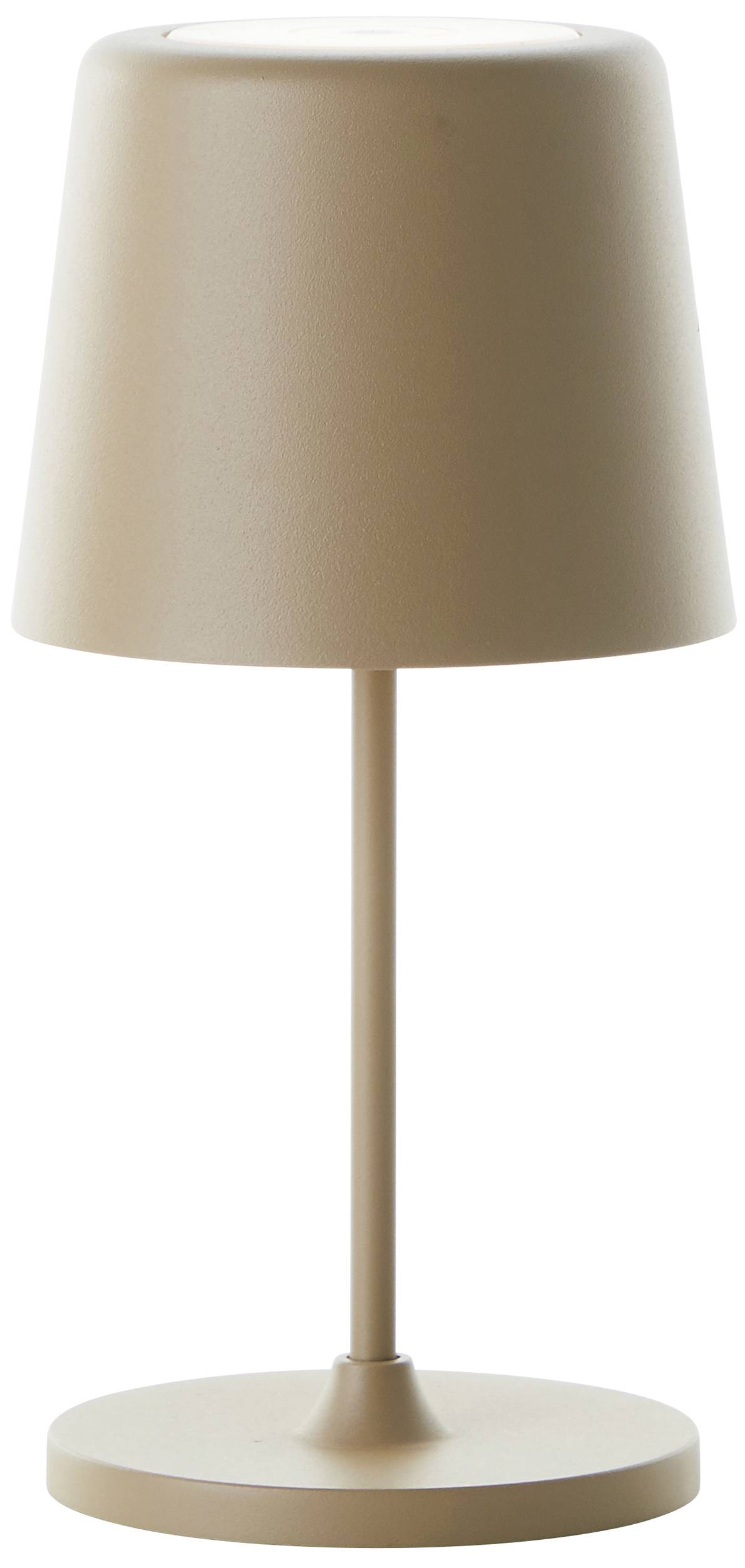 Beigefarbene Tischlampe mit modernem Design, zylindrischem Schirm und stabilem runden Sockel, ideal für minimalistisches Interieur.