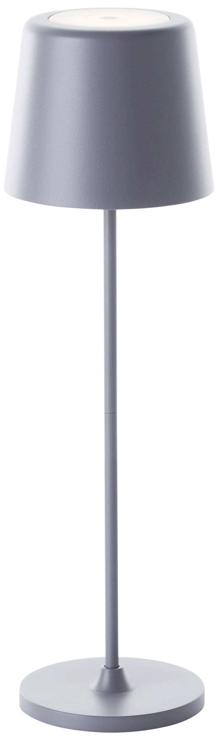 Graue Stehlampe mit schlichtem Design und rundem Lampenschirm auf schlankem Ständer. Ideal für modernes Interieur.