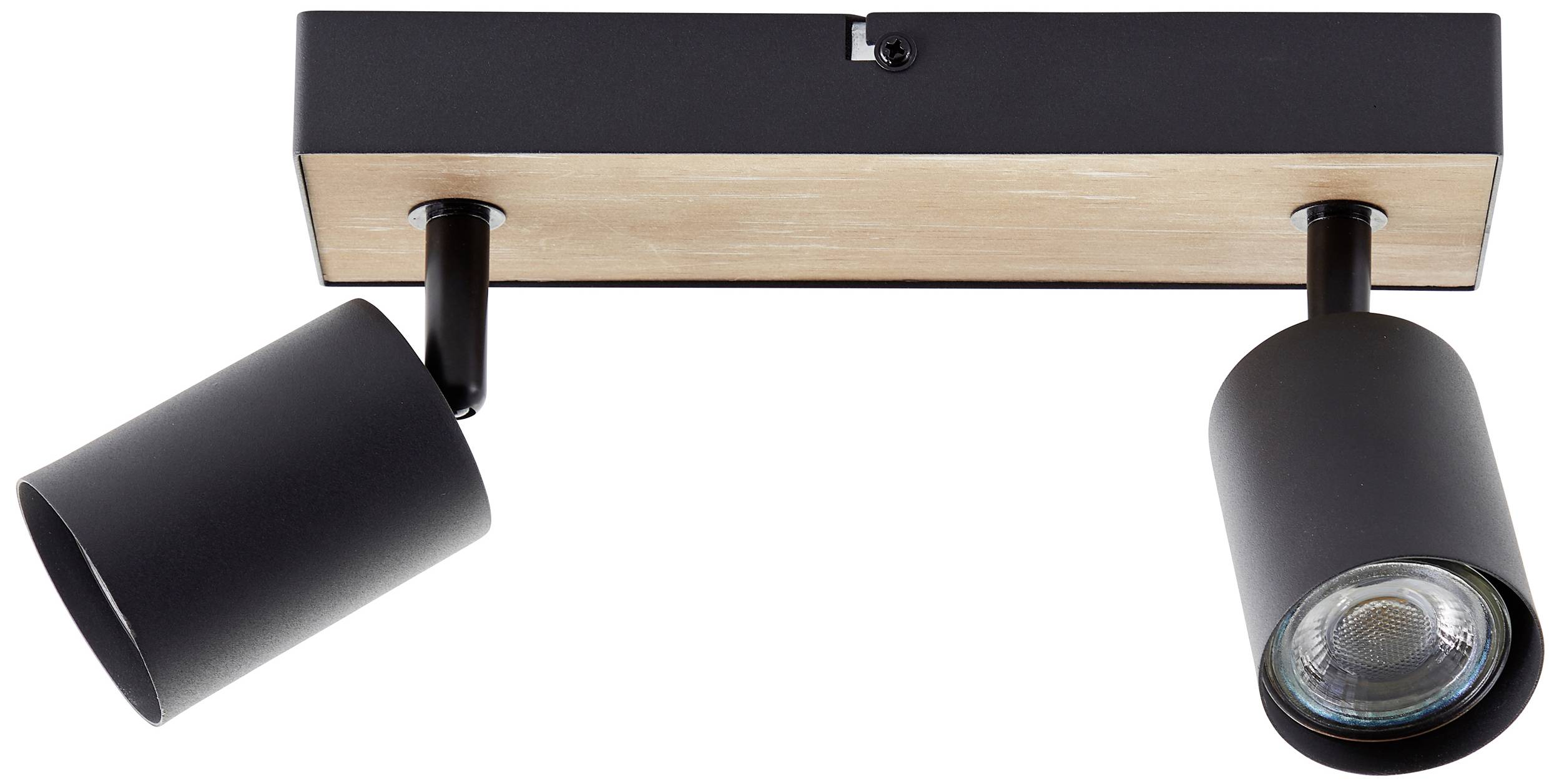Eine moderne Deckenlampe mit zwei verstellbaren schwarzen Spotleuchten auf einer rechteckigen Holzhalterung.