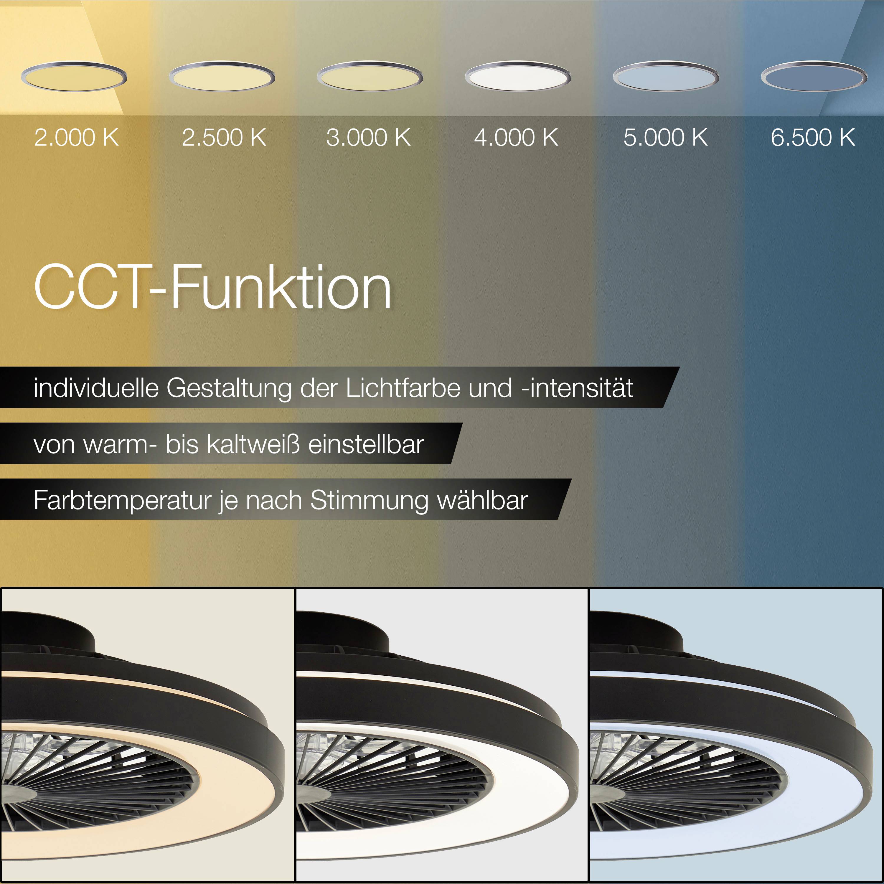'Diagramm zeigt CCT-Funktion: Anpassung der Lichtfarbe von warm (2.200 K) bis kalt (6.500 K) in vier Stufen. Für jede Stimmung wählbar.'