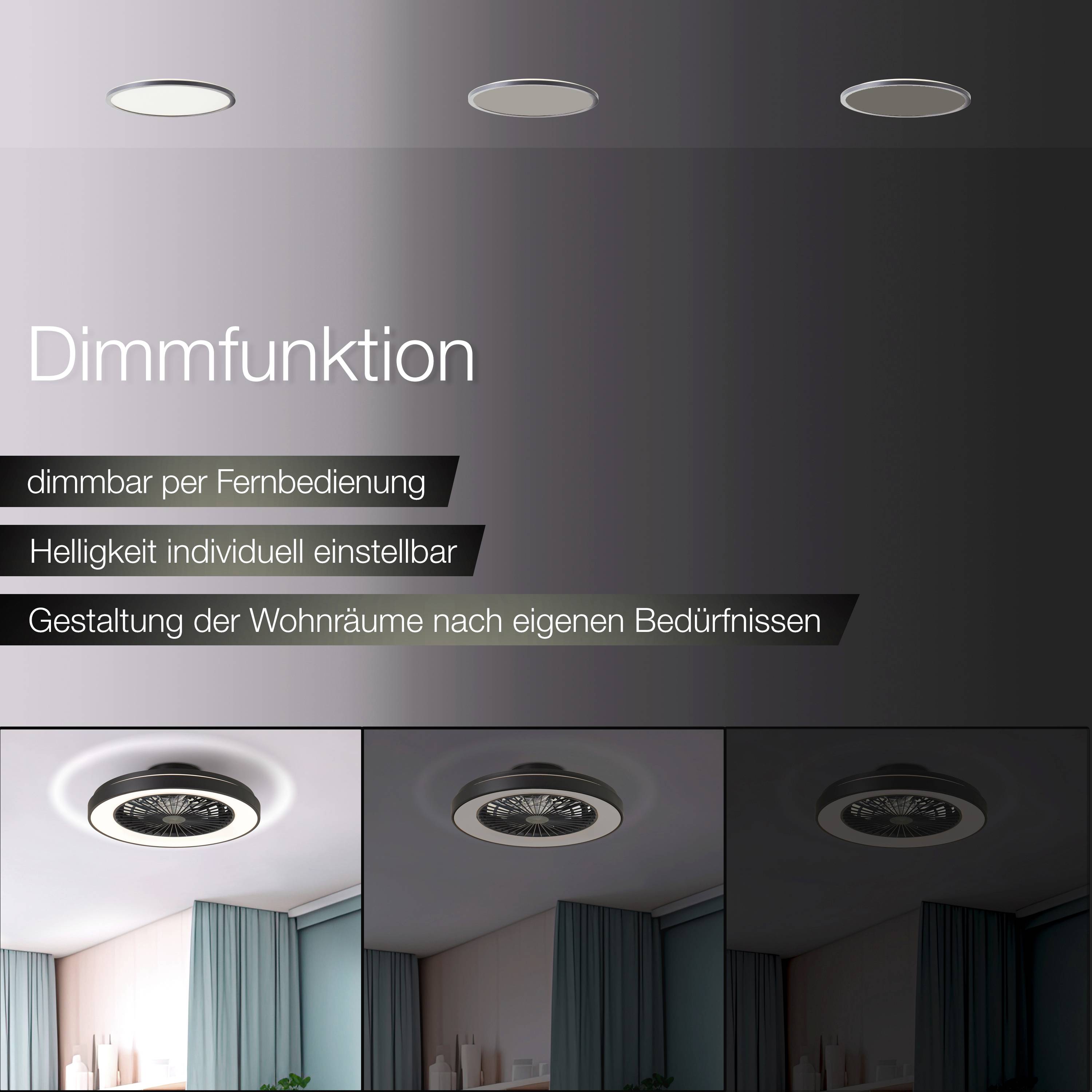 'Lampen mit Dimmfunktion, gesteuert per Fernbedienung. Passen Sie die Helligkeit Ihren Bedürfnissen an. Drei Bilder zeigen Beispiele.'