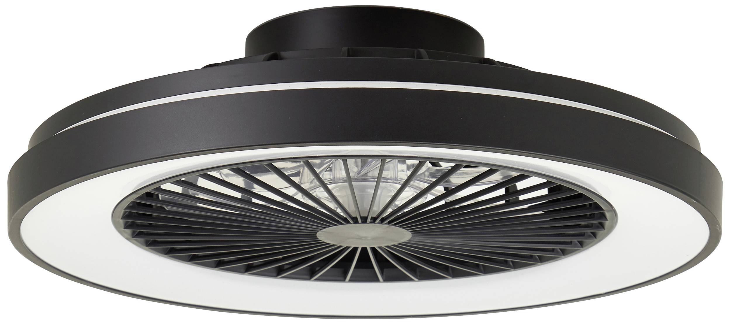 Schwarzer Deckenventilator mit eingebautem, ringförmigem LED-Licht, ausgerichtet zur optimalen Luftzirkulation und Beleuchtung.
