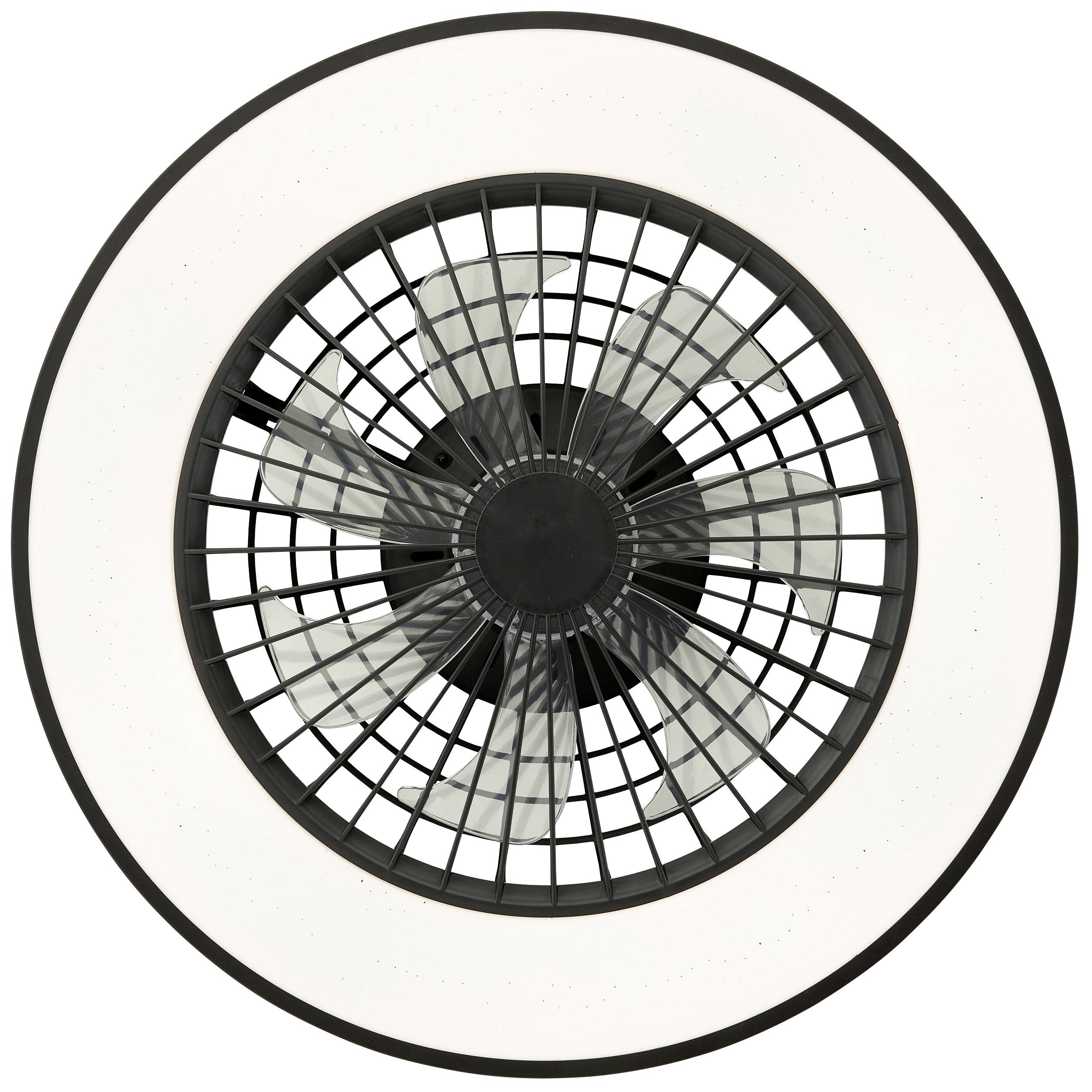 Runde LED-Deckenleuchte mit Ventilator, schwarz und weiß, Gitterabdeckung, sichtbar vier graue Rotorblätter im Inneren.
