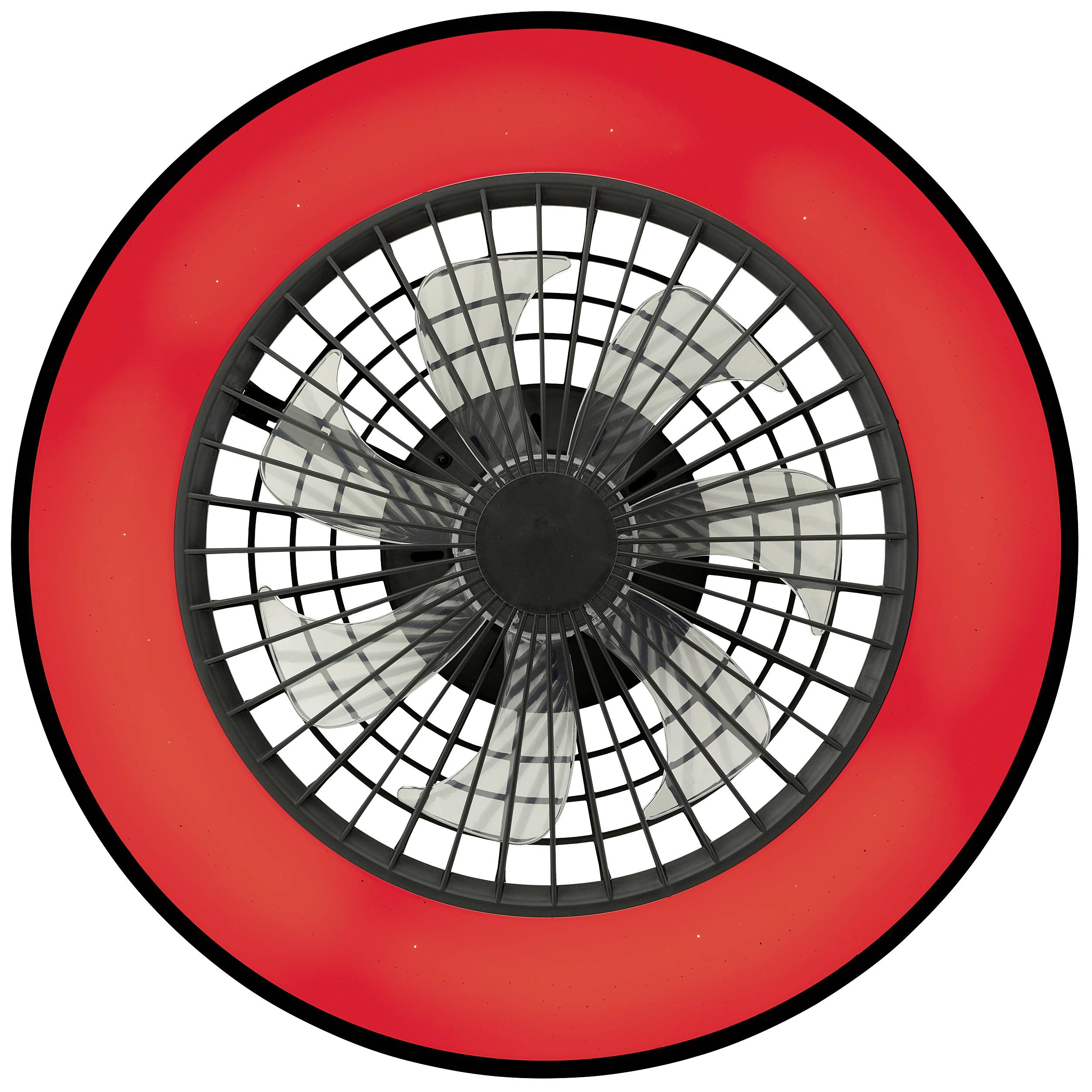 Ein Ventilator mit schwarzem Gitter im Zentrum eines leuchtend roten Hintergrunds, der sich innerhalb eines großen schwarzen Kreises befindet.