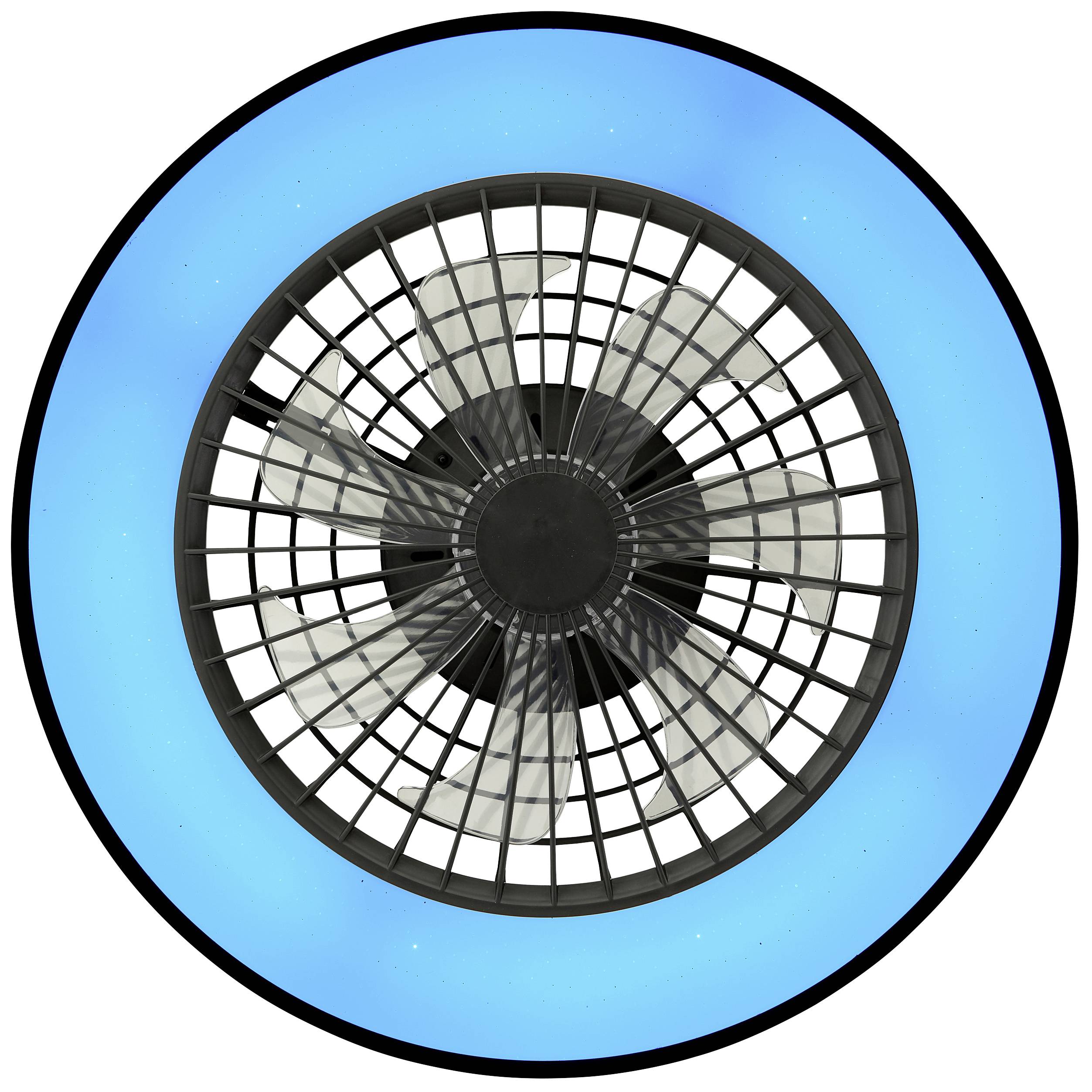 'Ein schwarzer Ventilator mit sieben Flügeln rotiert vor einem leuchtend blauen Hintergrund.'