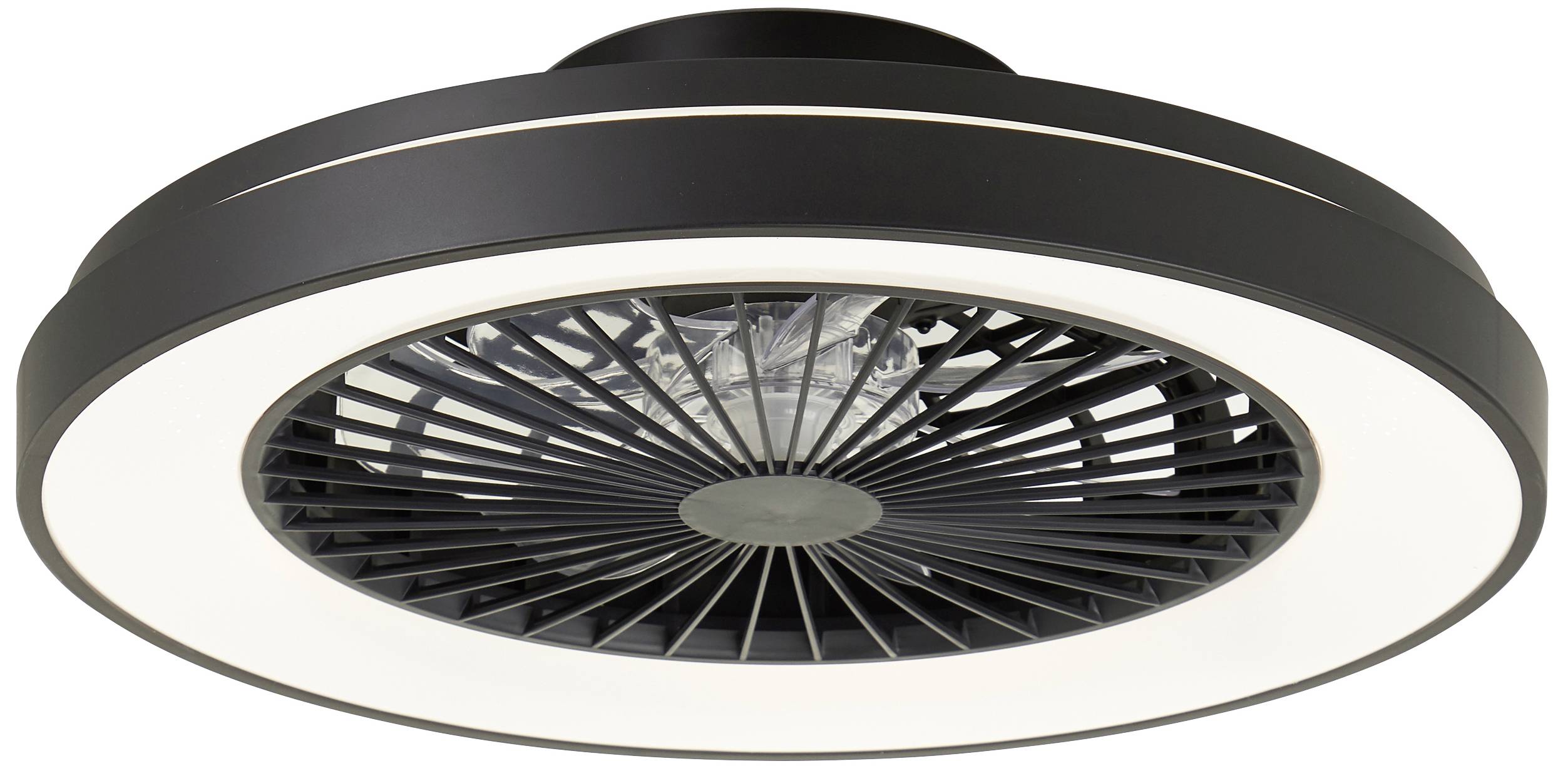 Schwarzer Deckenventilator mit integriertem LED-Licht in kreisförmigem Design. Ventilatorblätter sind hinter einem Gitter sichtbar.