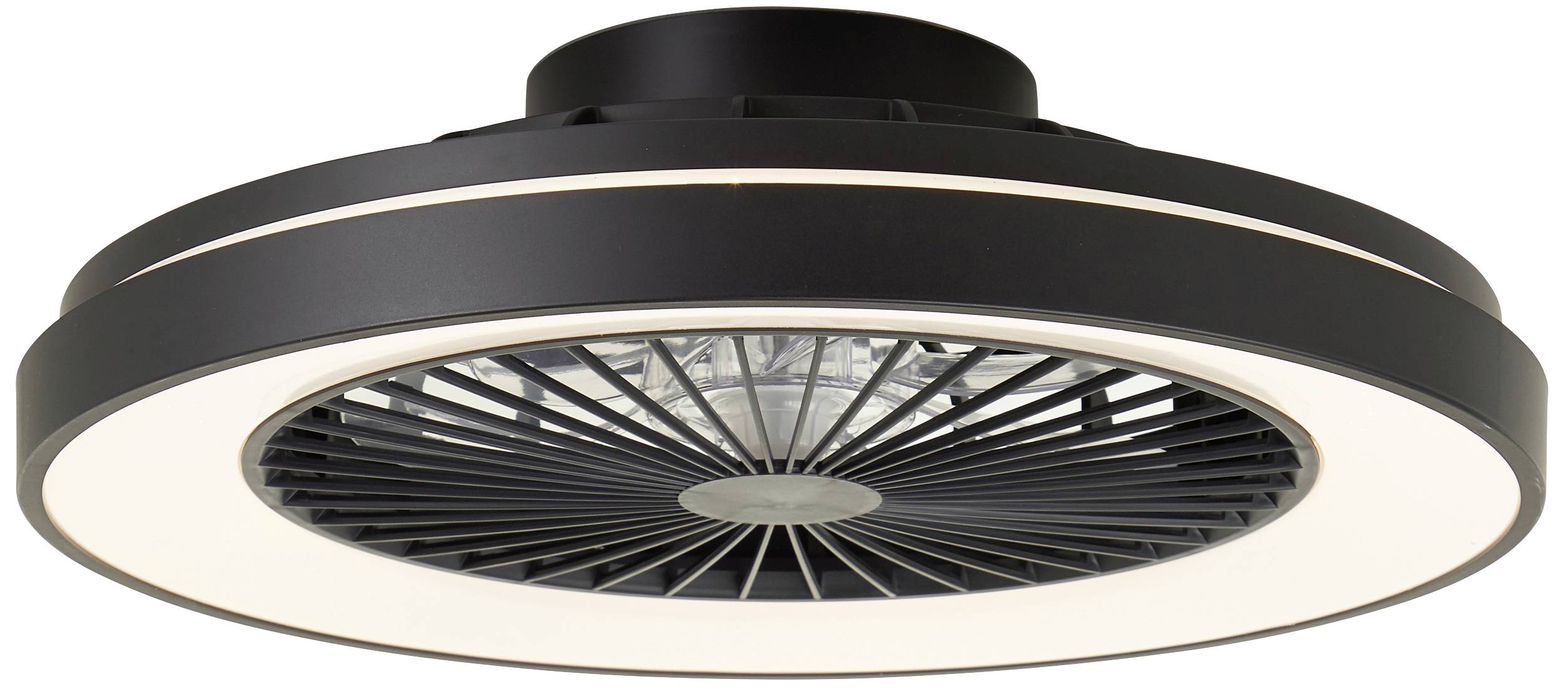 Schwarzer Deckenventilator mit integrierter LED-Beleuchtung. Moderne, kreisförmige Bauweise. Ideal für Raumkühlung und Beleuchtung.
