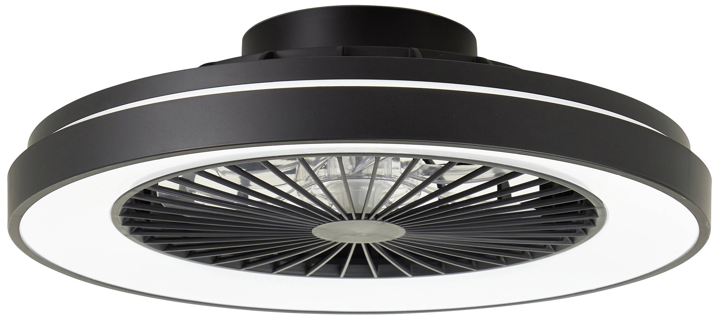 Eine runde, schwarze LED-Deckenleuchte mit integriertem Ventilator. Die Lampe hat einen modernen, minimalistischen Stil.