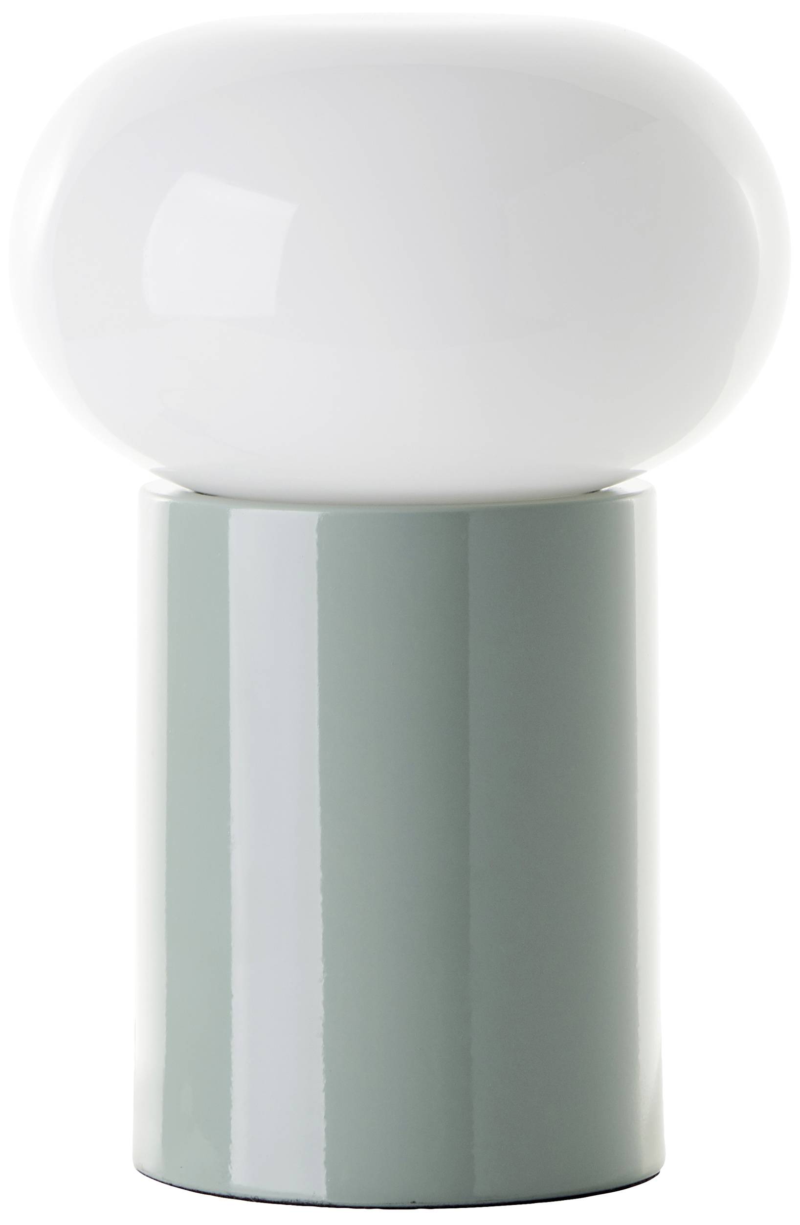 Weiße Tischlampe mit rundem, glänzenden Schirm auf einem zylindrischen, graugrünen Sockel. Modernes Design, geeignet für Innenräume.