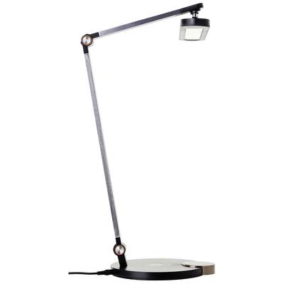 Eine schlanke, moderne Tischlampe mit verstellbarem Arm und rechteckigem Lampenkopf auf einem runden Sockel, geeignet für Lese- oder Arbeitsbereiche.