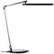 Eine moderne, schwarze Schreibtischlampe mit verstellbarem Arm und rundem Standfuß. Sie ist schlank und stilvoll gestaltet.