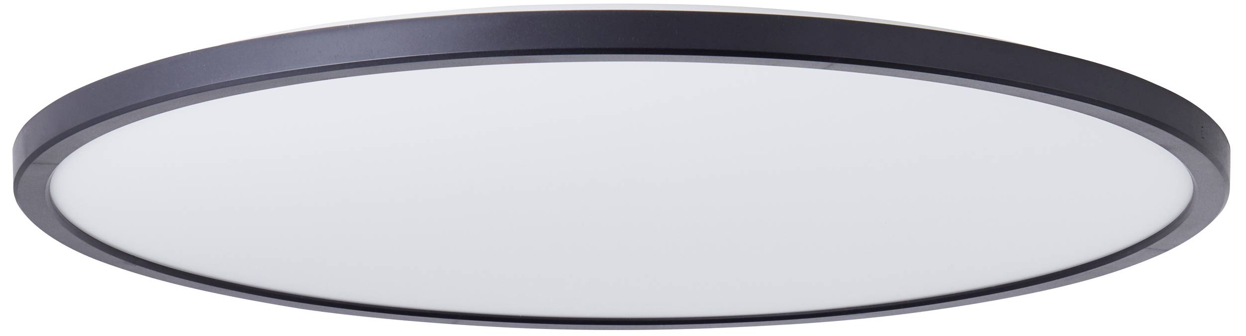 Flache, runde Deckenleuchte mit schwarzem Rand und weißem Lichtdiffusor, geeignet für moderne Innenräume.