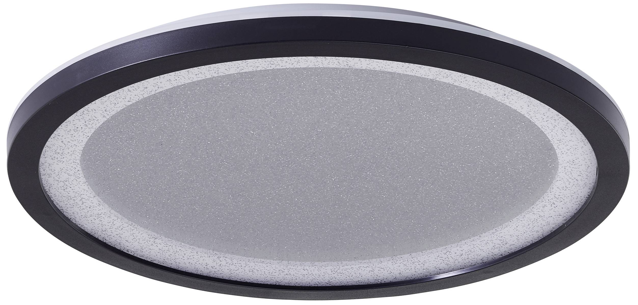 Ein runder, moderner LED-Deckenleuchter mit silbernem, glitzerndem Innenbereich und schwarzem Rand, geeignet für Innenräume.