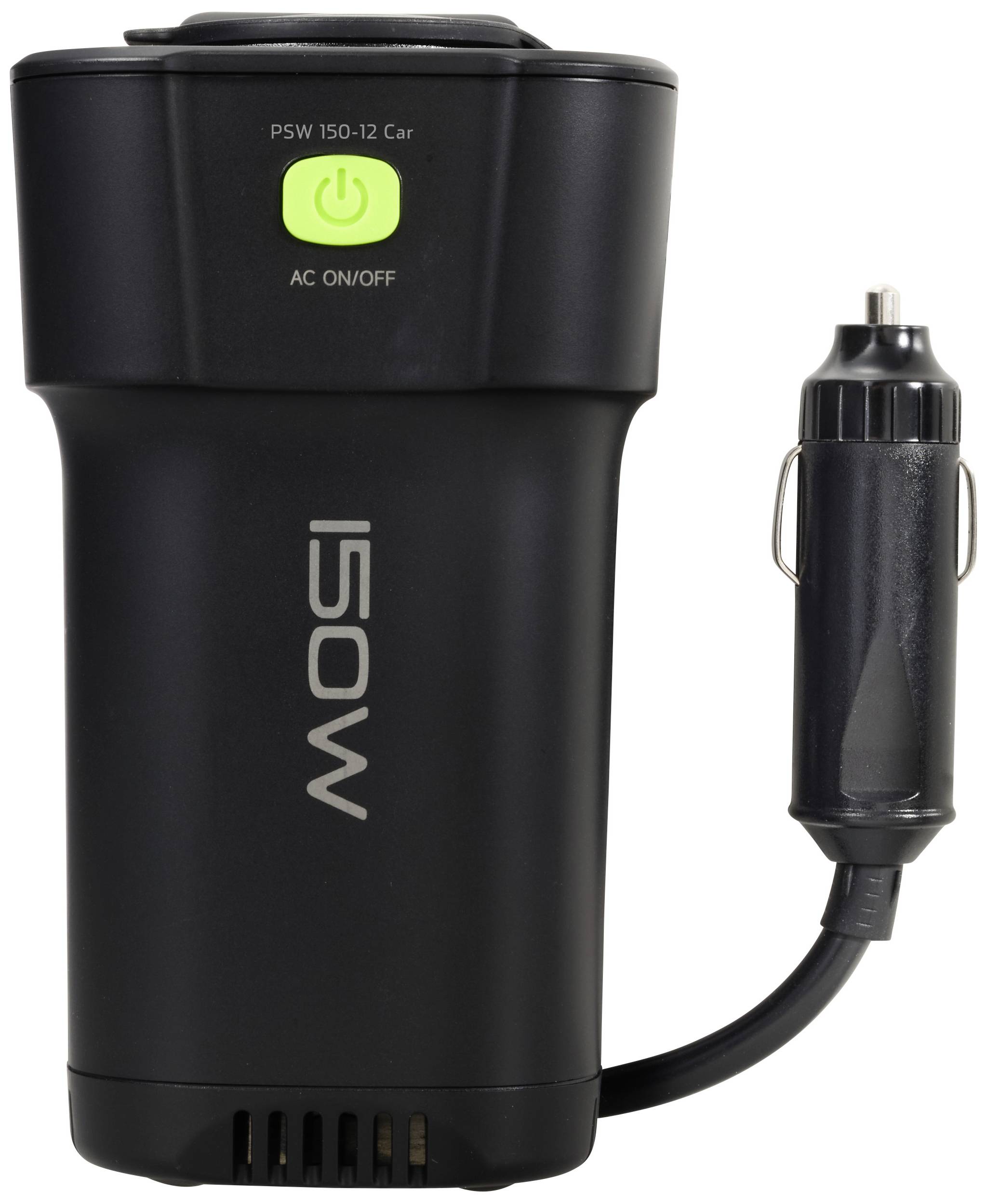 Schwarzer Auto-Spannungswandler mit grünem Schalter und Aufschrift 'ISOW'. Verfügt über einen Anschluss für den Zigarettenanzünder.