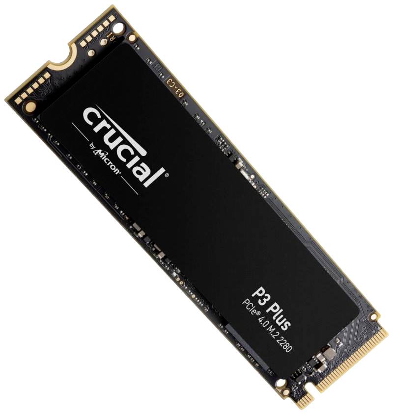 'Nahaufnahme einer Crucial P3 Plus SSD, PCIe 4.0 NVMe M.2 2280, mit schwarzem Gehäuse und Crucial-Logo.'