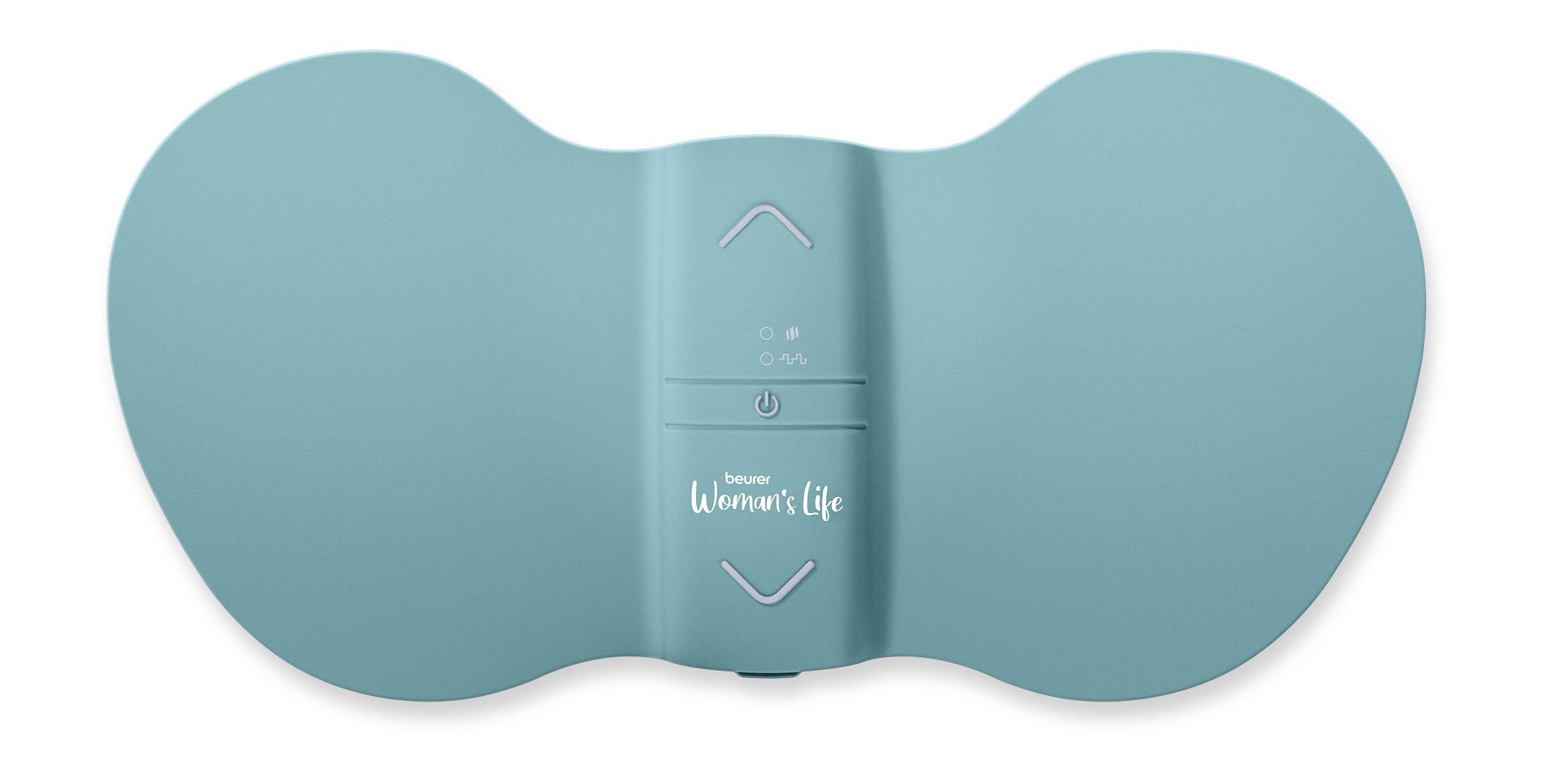 Blaues, schmetterlingsförmiges elektronisches Gerät mit Tasten in der Mitte und Aufschrift 'Beurer Women's Life'.
