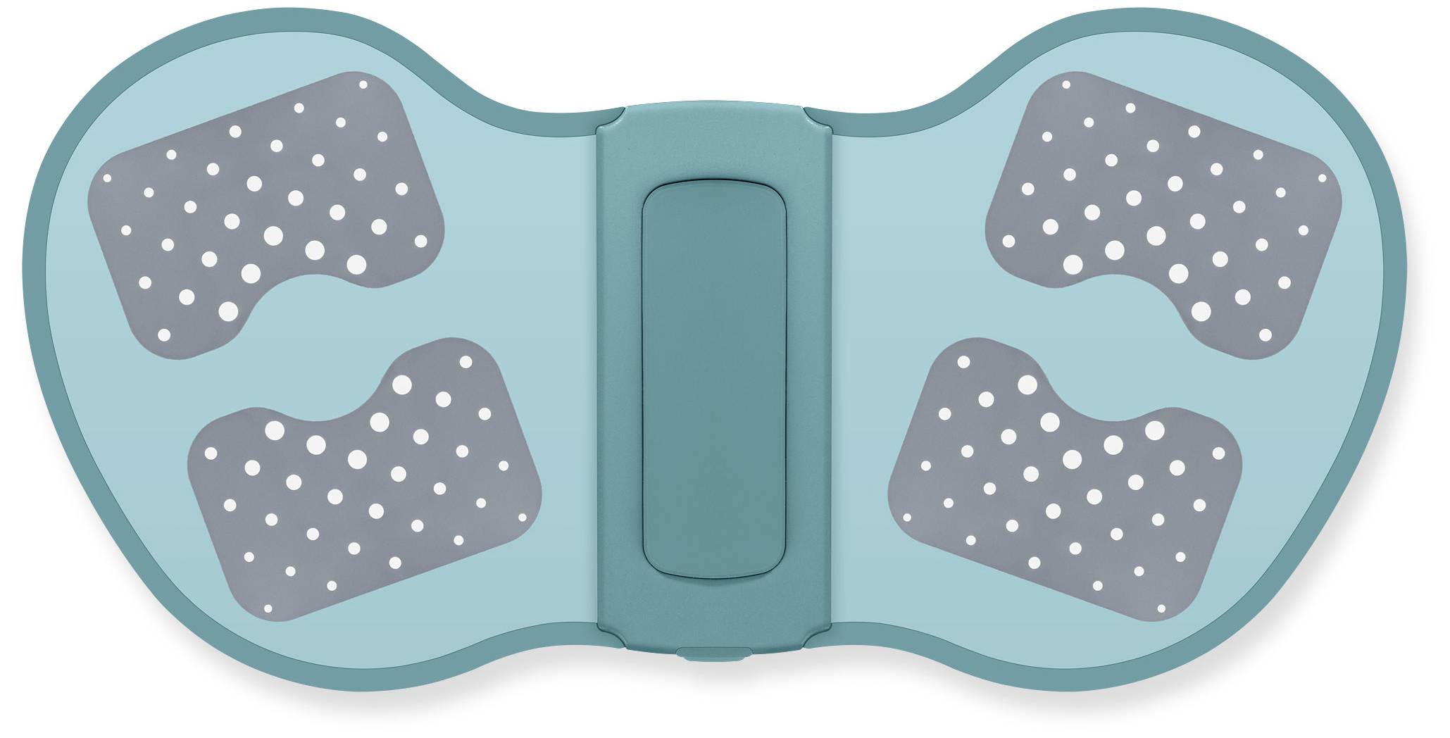 Elektronisches Muskelstimulationsgerät mit vier grauen Pads auf einem blauen, flügelartigen Gehäuse, zur Therapie und Erholung.